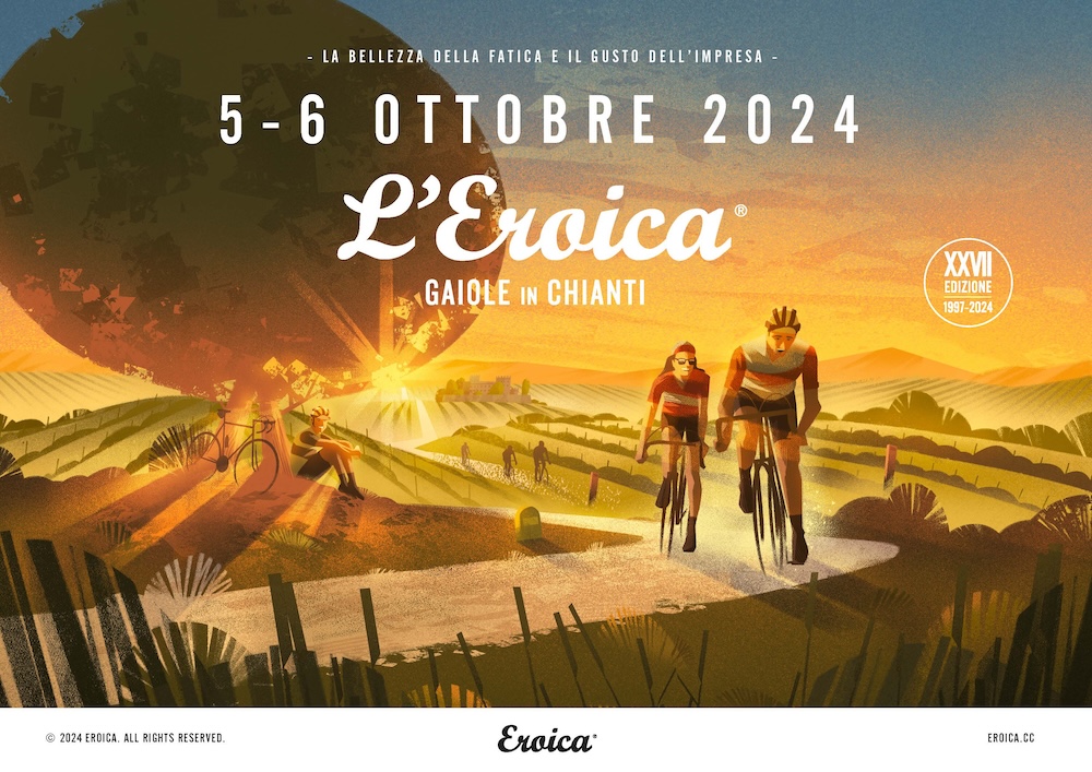 L’Eroica per immagini: nel poster 2024 la prima luce del mattino sulle strade bianche del Chianti, il celeberrimo “Leccione”, il Castello di Brolio” e tante altre emozioni